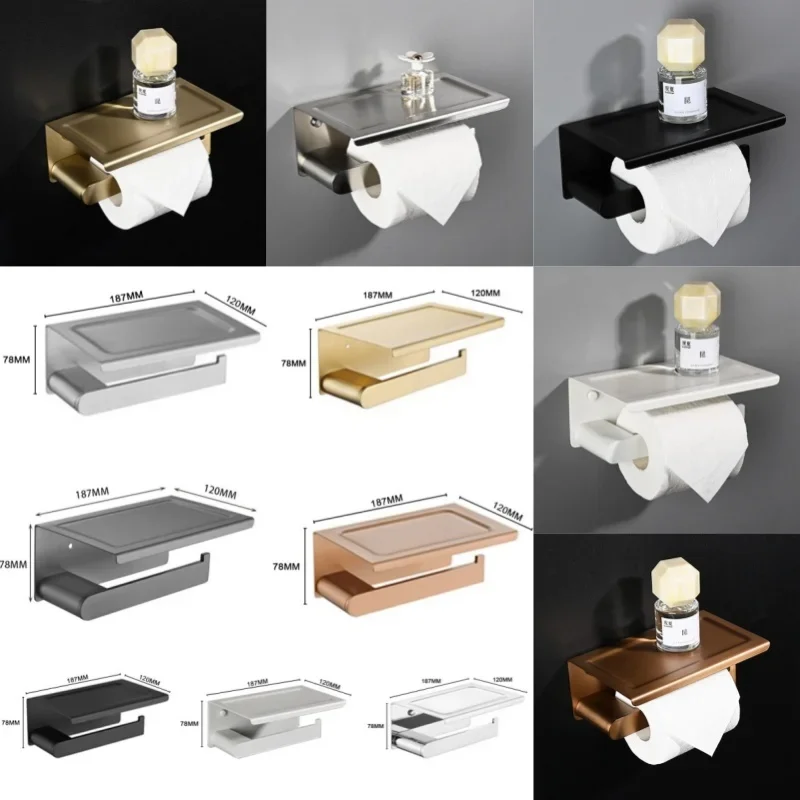 Matte Black Toilet Paper Holder with Phone Shelf Wall Mount Tissue Roll Hanger Stainless Steel Bathroom Aceessories Brushed Gold