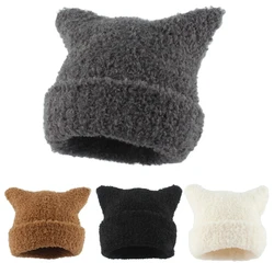 Winter Lambswool Hats For Women Cute Cat Ears Beanie Soft Warm Knitting Cap Cuffed Skullies Fashion Street Hip Hop Hat