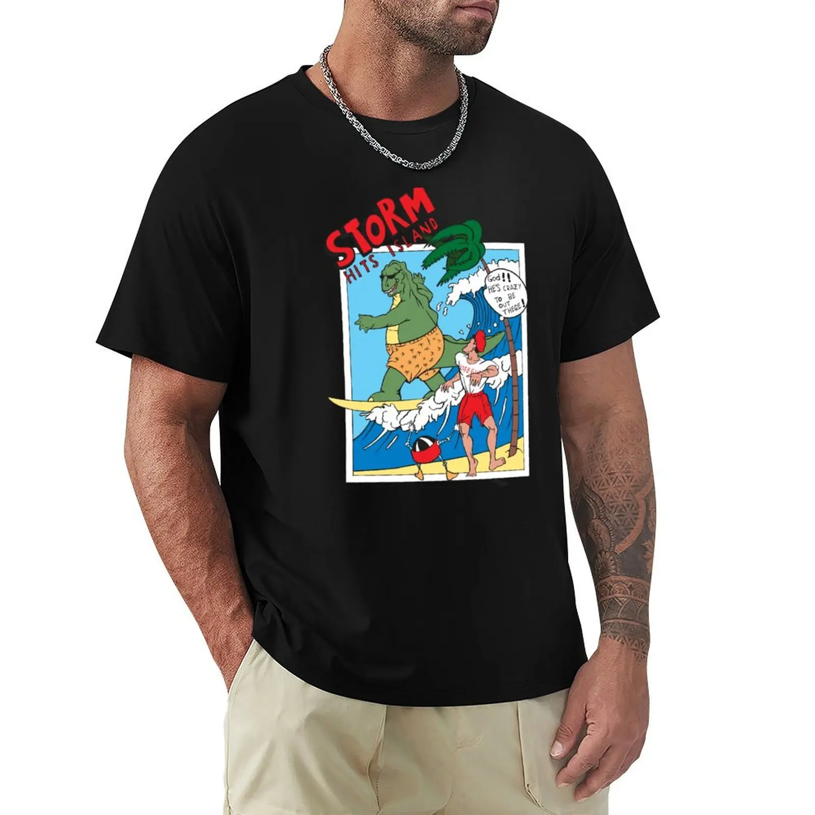

Storm Hits Island. Surf Monster enjoys! T-Shirt oversized graphic tee anime figures T-shirts for men cotton