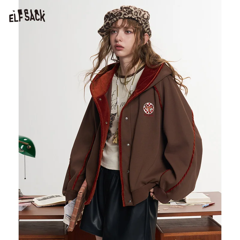 ELFSACK Women Y2K Hooded Button Down Jacket with Embroidery Logo, Contrast Trim Loose Outerwear for Fall Daily Wear