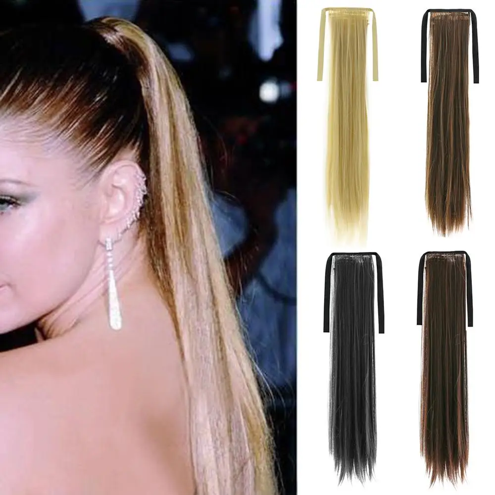 Long Straight Curly Ponytail Hair Extension Wrap Around Ribbon Clip-in Hairpiece Synthetic Ombre Curly Hair Ponytail Extensions