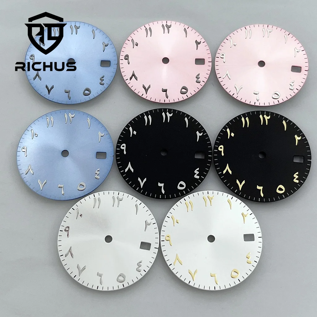 RICHUS 28.5mm Arabic numeral Black Blue Green Watch Dial Fit NH35 Movement Calendar Window Fit 3 O'Clock Crown 3.8 O'Clock Crown