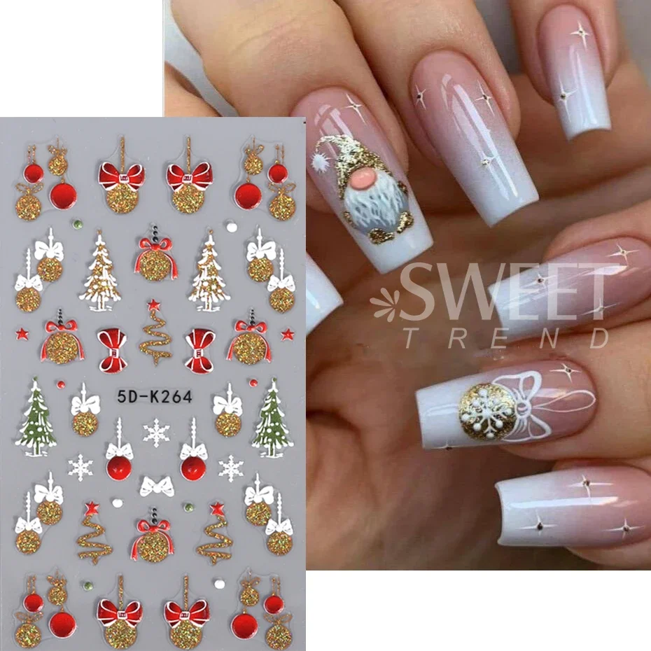 Christmas Nail Sticker 5D Gold Glitter Snowflake Elk Penguin Bells Design Adhesive Nail Slider Decals Winter Manicure Decoration