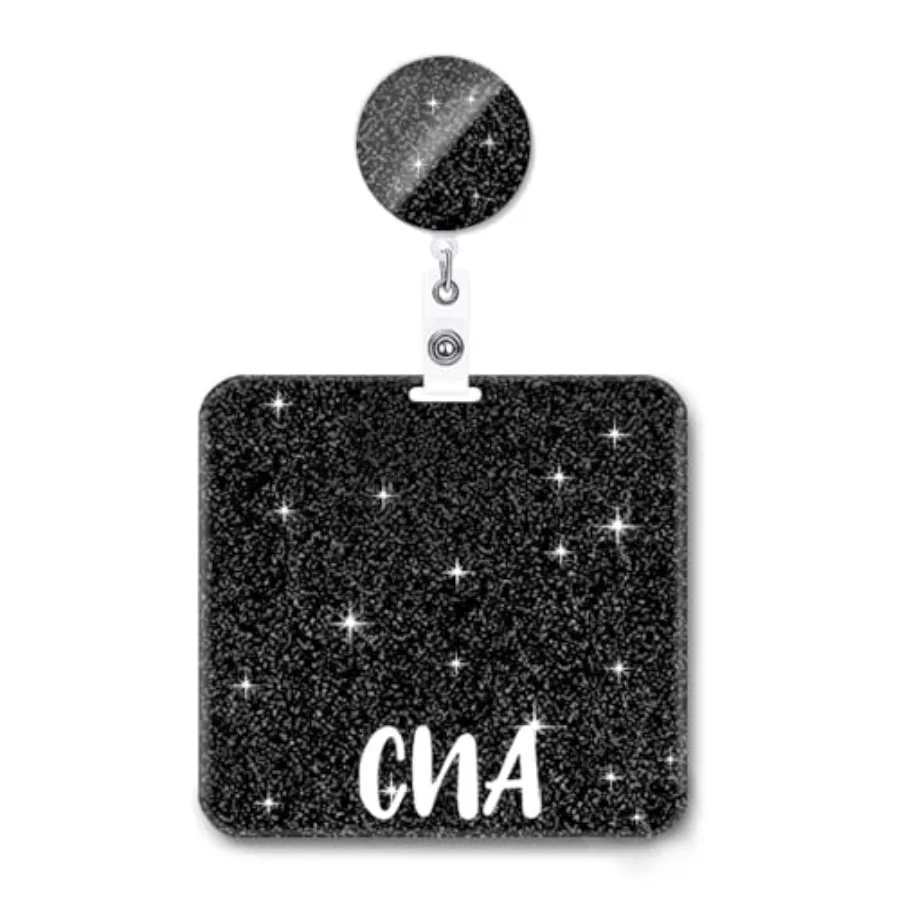 CNA Badge Buddy and Reel Set - Horizontal Card Holder Acrylic Glitter Buddies, Retractable Medical ID Reel - Nurse Bling Cards,