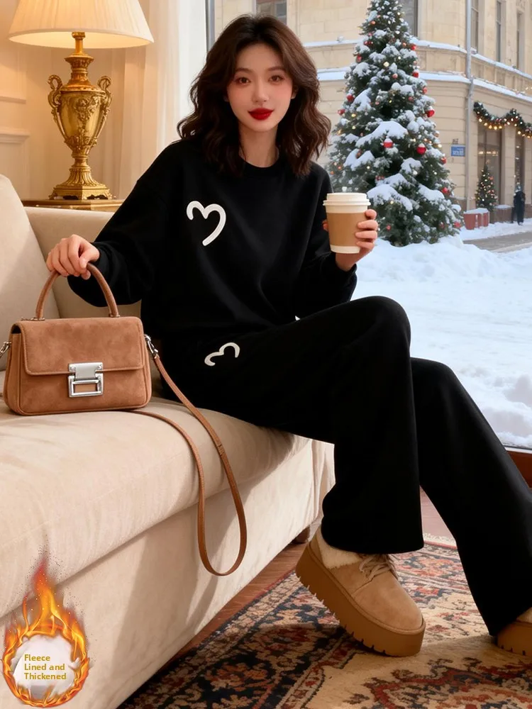 Pantaloni a gamba larga a vita alta da donna Set di felpe Fce foderato Thi Abbigliamento sportivo casual Abito a due pezzi Calore confortevole