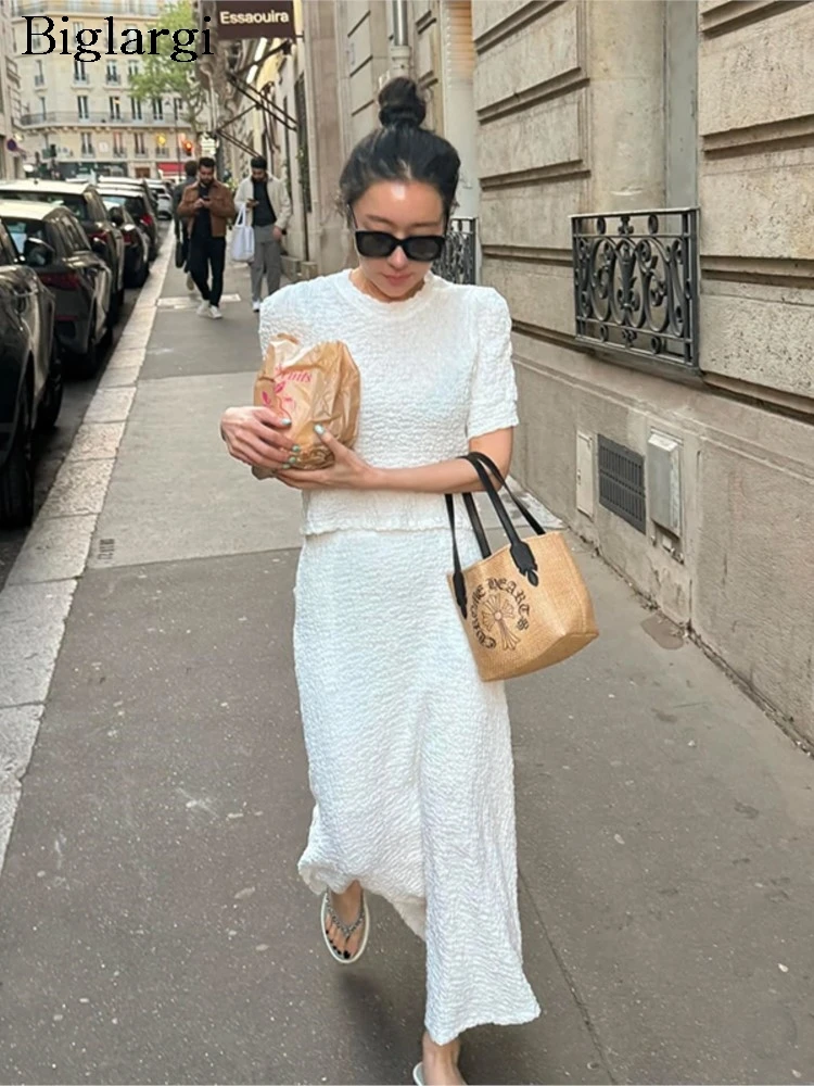 

Summer 2 Two Piece Set Women Fashion Casual Ladies Cropped Blouses Ruffle Pleated Loose Korean Style Woman Long Skirts