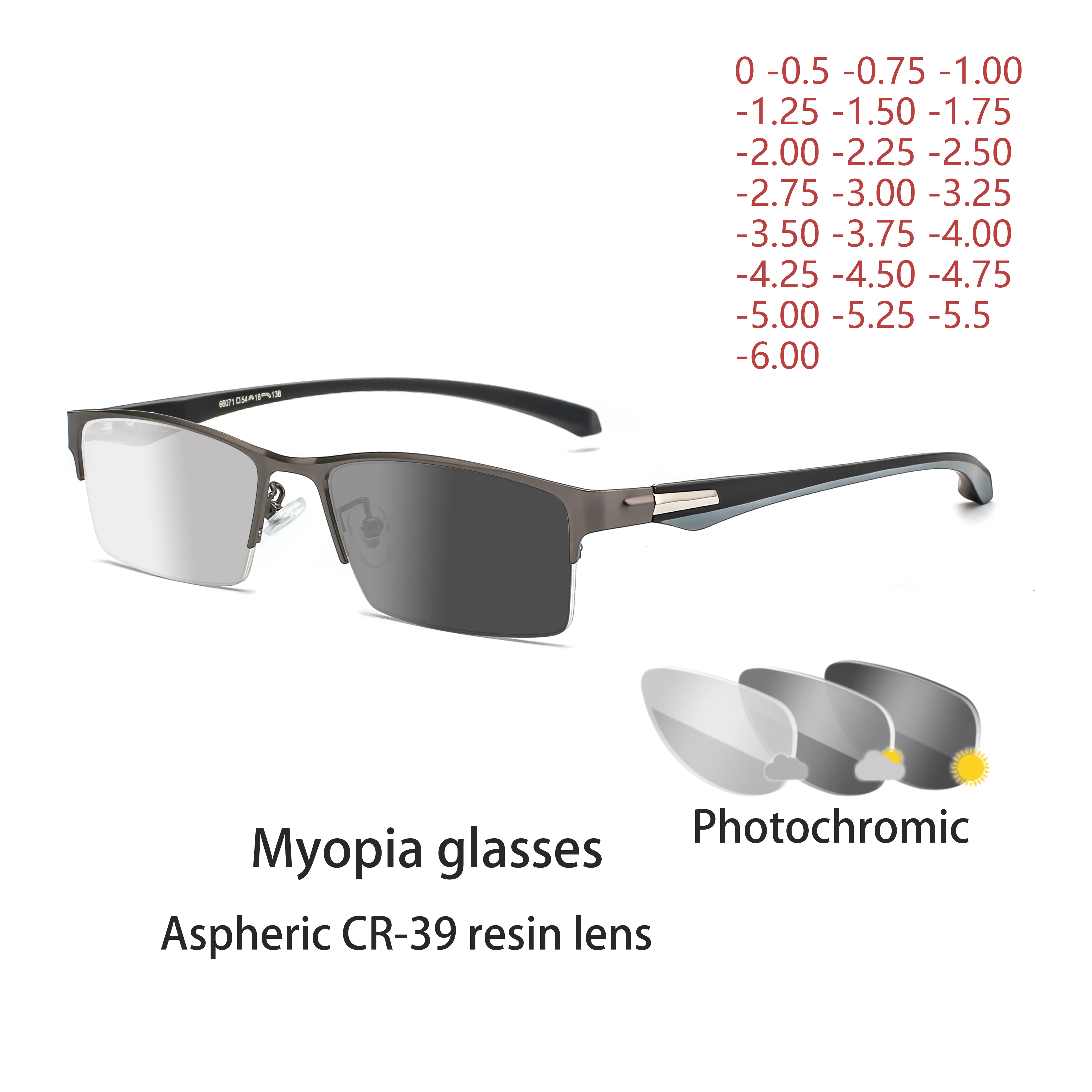 

New Sun Photochromic Myopia Eyeglasses Optical Men student Finished Myopia Eyewear prescription Glasses Frame Half Rim -1.0 -4.0