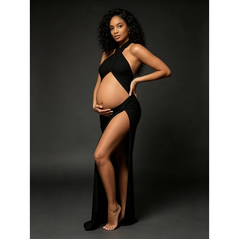 Cross Halter Open Belly Maternity Photoshoot Dress, Backless High Slit Long Train Pregnancy Gown, Stretchy Knit Maxi for Shoot