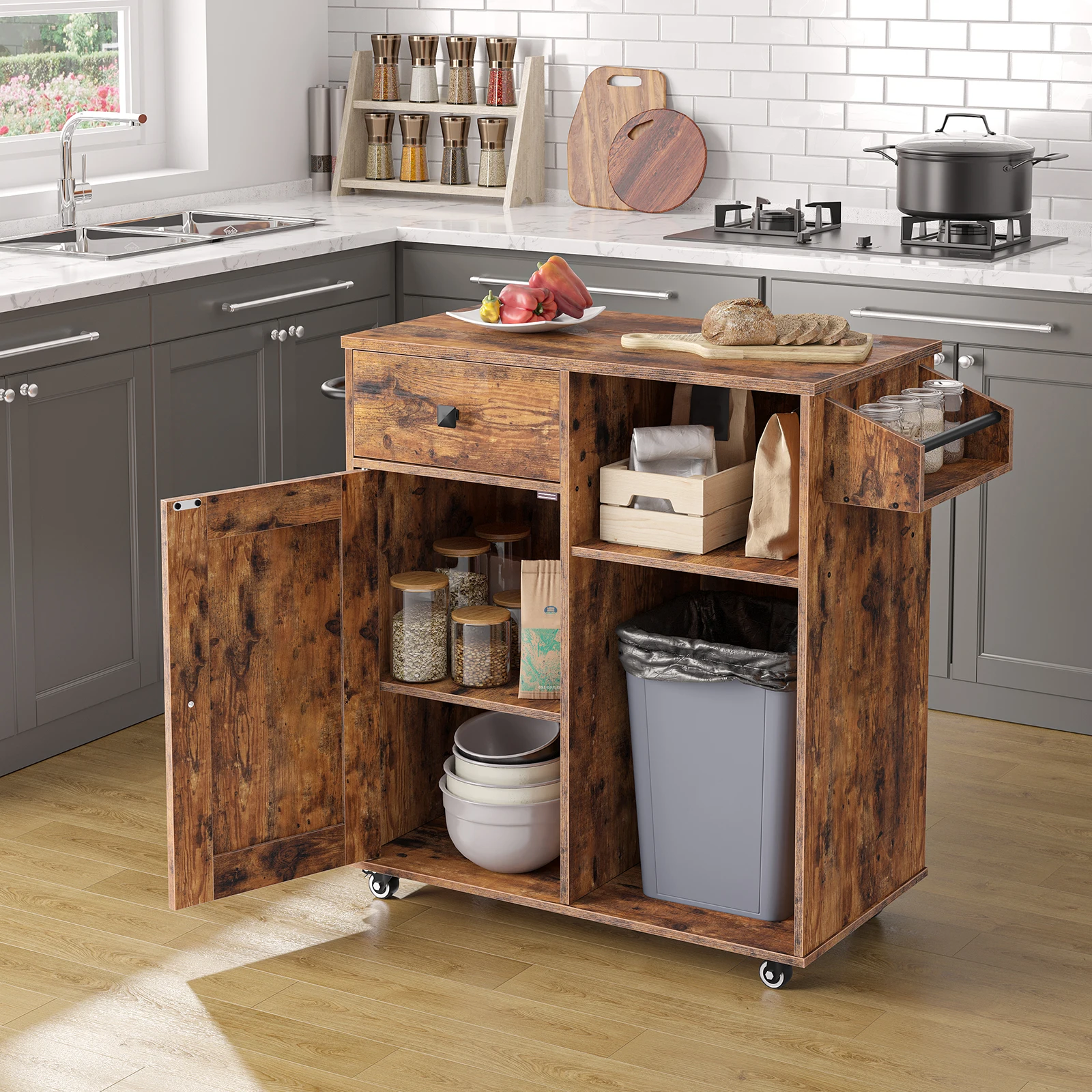 HOOBRO Kitchen Island Storage Cabinet with Drawer Stroller Kitchen Cart with Spice and Towel Rack Saving Space,