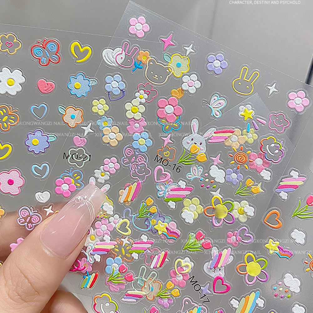 5D flores de verano en relieve pegatina artística para uñas flores coloridas/conejo/línea calcomanías para uñas flores autoadhesivas deslizadores de manicura ^ YK2