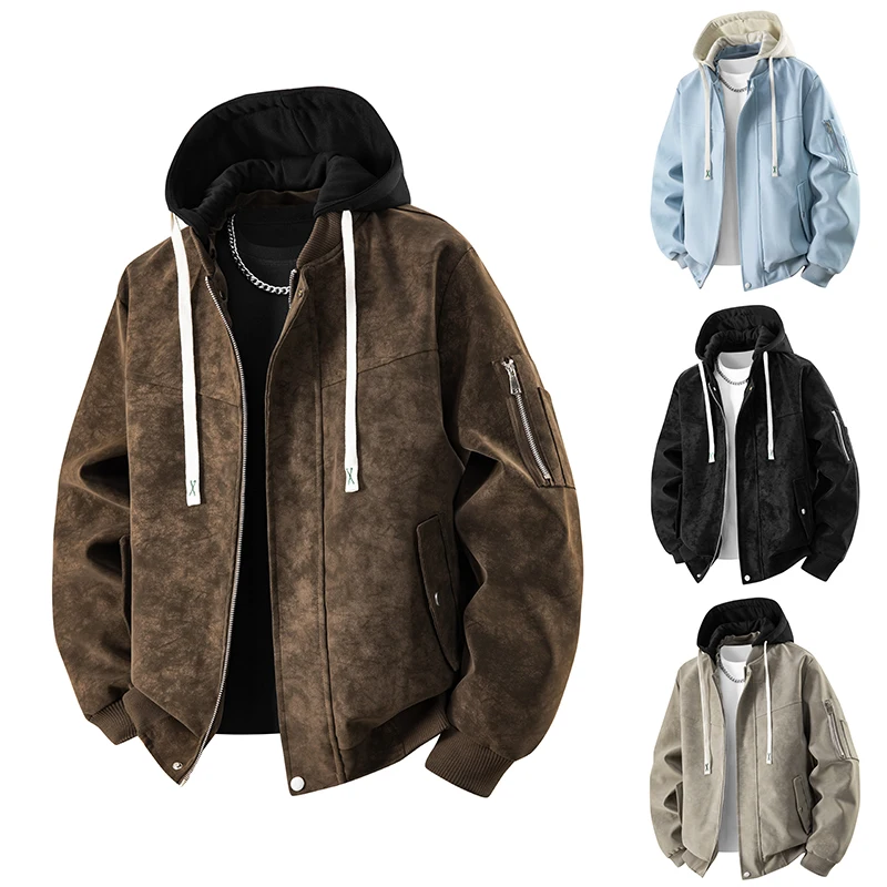 Vintage Men Oversized Faux Suede Bomber Jacket Detachable Hood Zip Pockets Multi‑Tone Street Casual Outer Coat