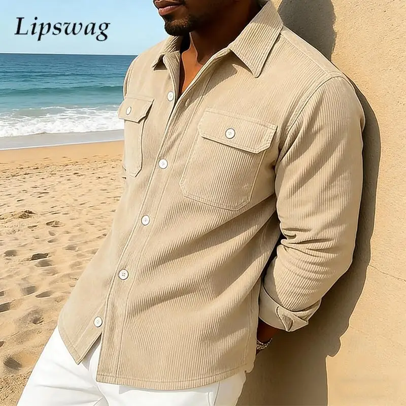 

Винтажные однотонные вельветовые рубашки, мужские модные рубашки-карго с длинными рукавами и карманами, весенне-осенний новый повседневный кардиган с лацканами, топы