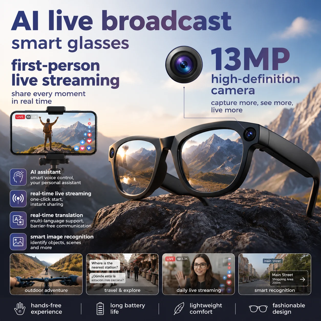 2026 New 1300W Pixel Camera GML5.2 Glasses With Live-Stream 32GB Large Memory 130+Language Translation Men&Women Smart Glasses