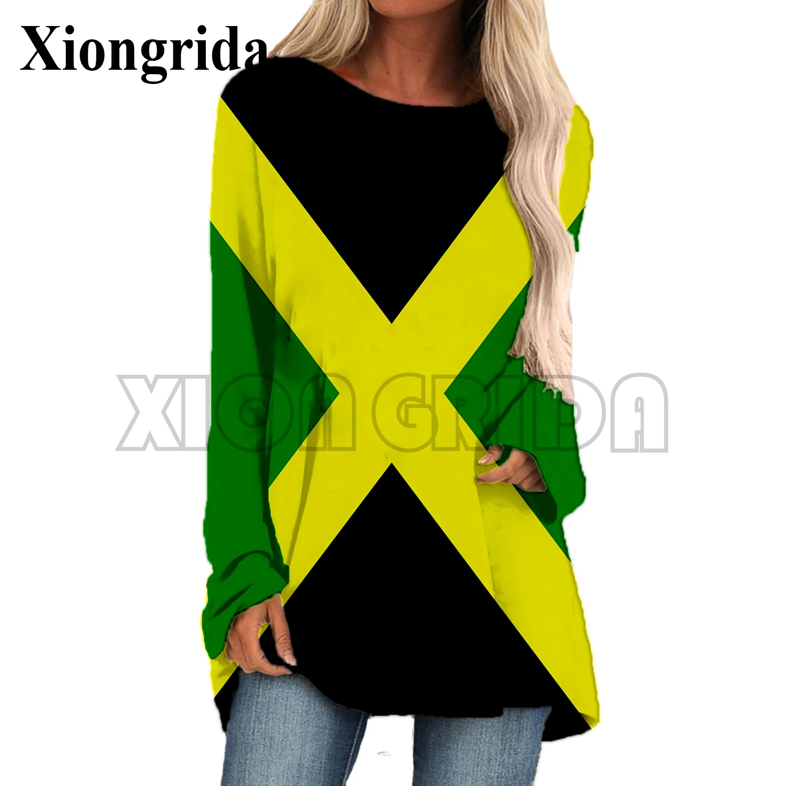 

Jamaica Flag Print Long Tees Women 3D Print Casual Long Sleeve T- shirts Crew Neck Summer Fashion Beach Loose Top