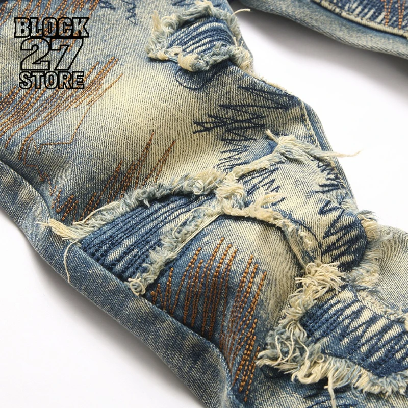 New Hip Hop Vintage Distressed Jeans Men Patchwork Ripped Hole Biker Pants Streetwear Y2K Gothic Style Trousers Harajuku Unisex view 5