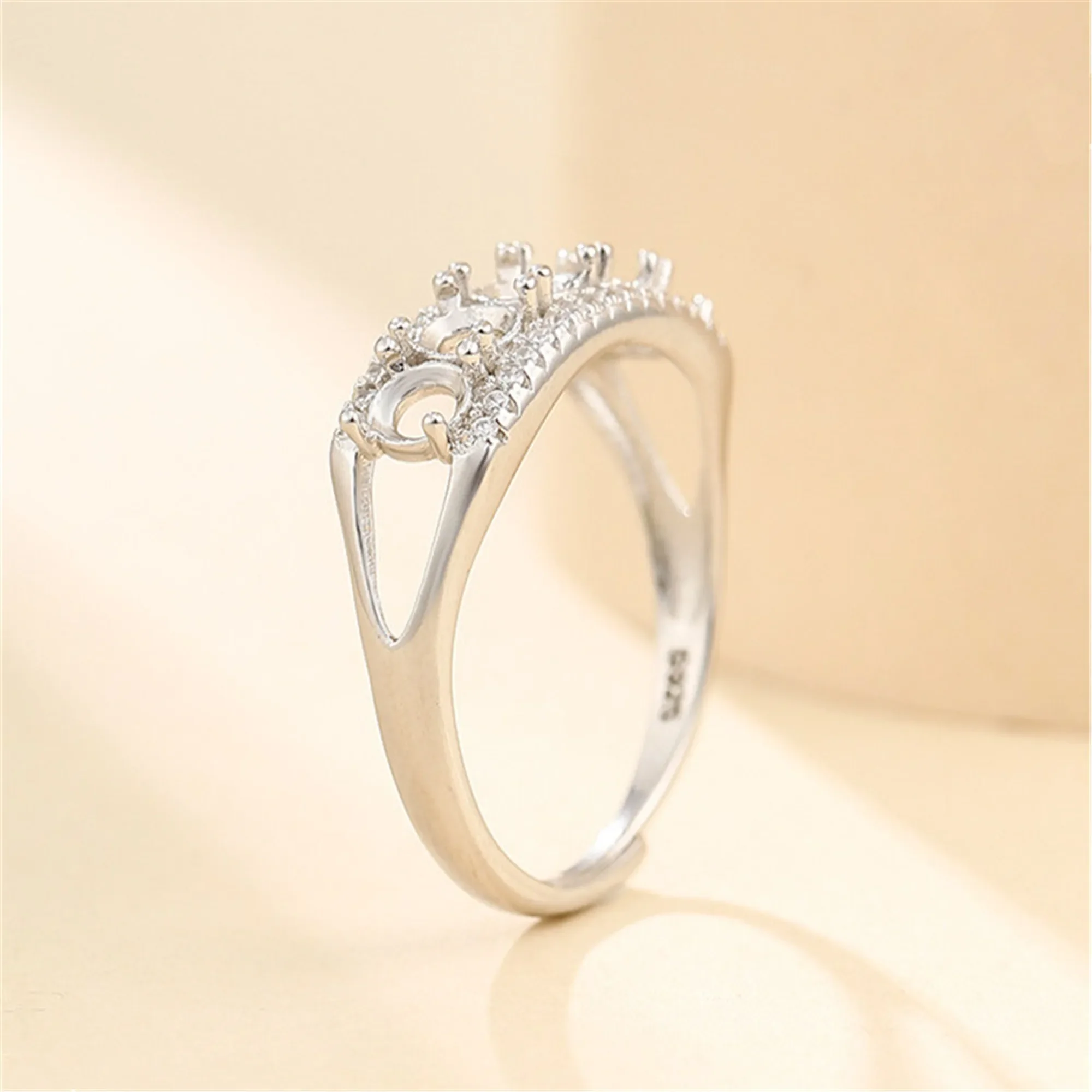 

White Gold Plated 925 Silver Adjustable Ring Setting for 3x3mm Round Cabochons or Faceted Gemstones