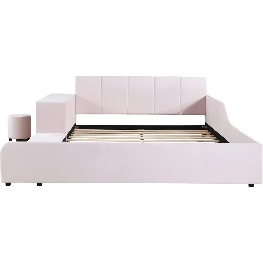 Gestoffeerd platformbed met geaard bed, houten queensize moeder- en kinderbedframe met nachtkastje en kleine ronde kruk