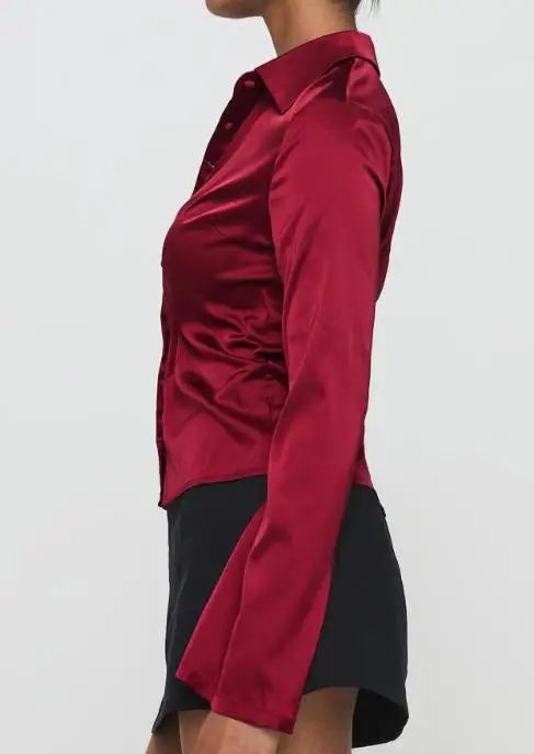

Autumn 2025 Solid Color Lapel Cinched Long Sleeved Shirt for Women, Elegant Solid Color Slim Fit Commuting Long Sleeved Shirt
