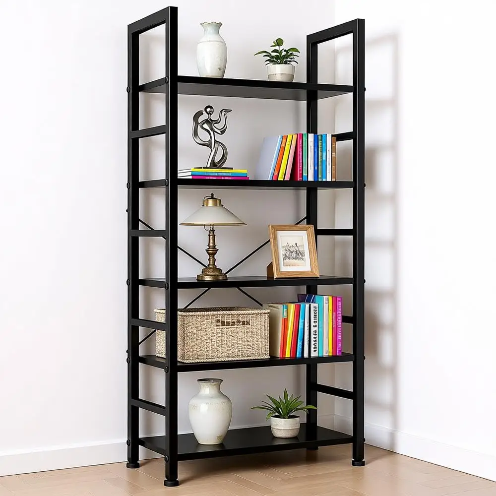 

5-ярусный напольный деревянный книжный шкаф с открытыми полками, металлический каркас, для гостиной, спальни, домашнего офиса, высота 62,2 дюйма, черный