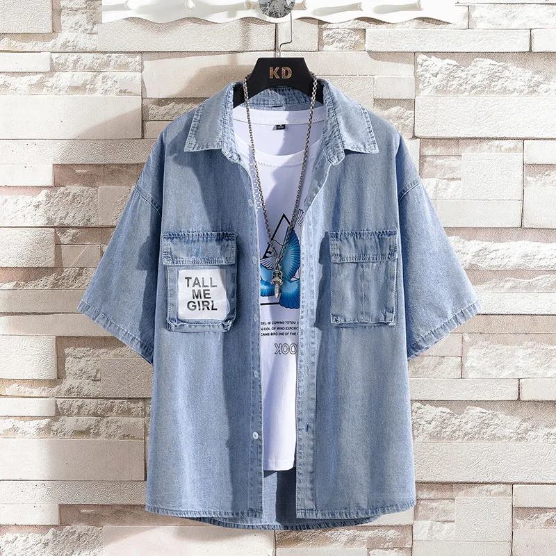 New Summer Men\'s Blue Denim Shirts Short Sleeve Jean Shirts High Quality Men Cotton Light Blue Denim Shirts Plus size M-4XL