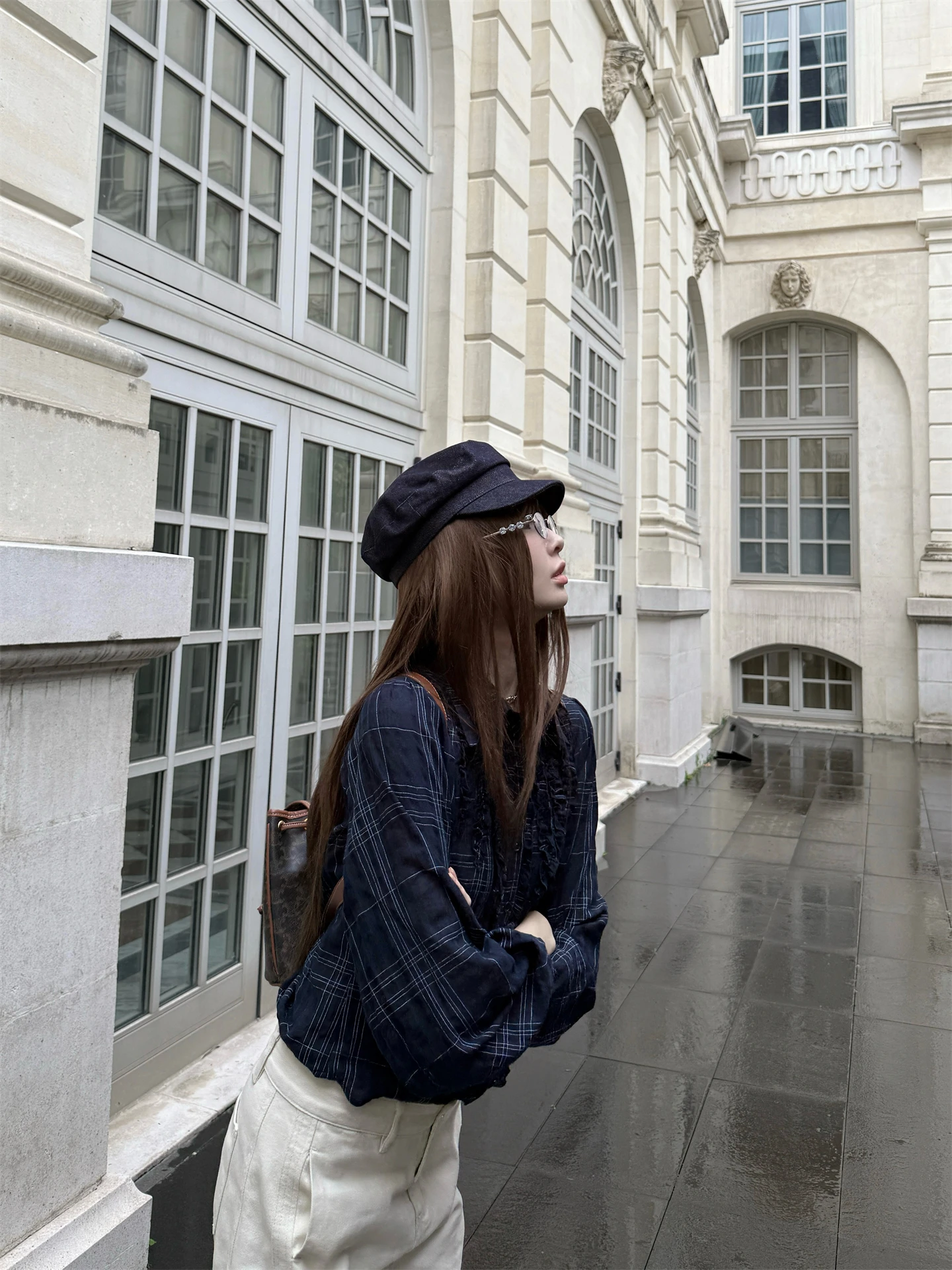 

Romantic Blue Plaid Long Sve irt with Wood ain Design Bubble Sve Женская смесь хлопка и полиэстера Удобная брюки...