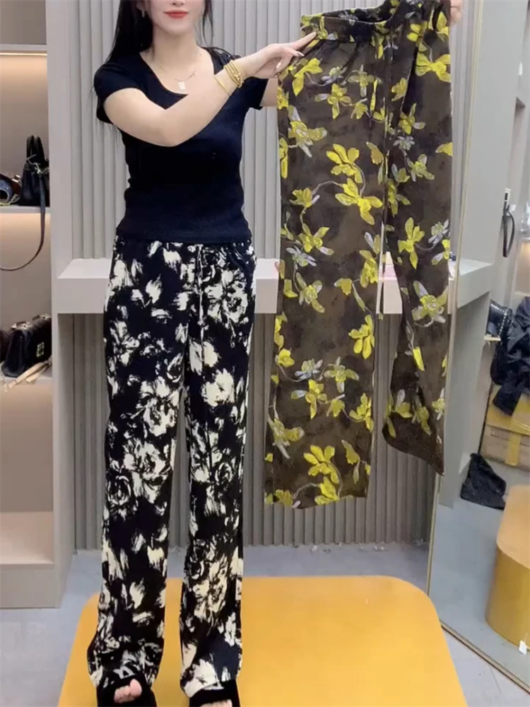 

Летние тонкие брюки из ледяного шелка для женщин, пляжные повседневные свободные и ленивые висячие прямые широкие брюки, длинные брюки