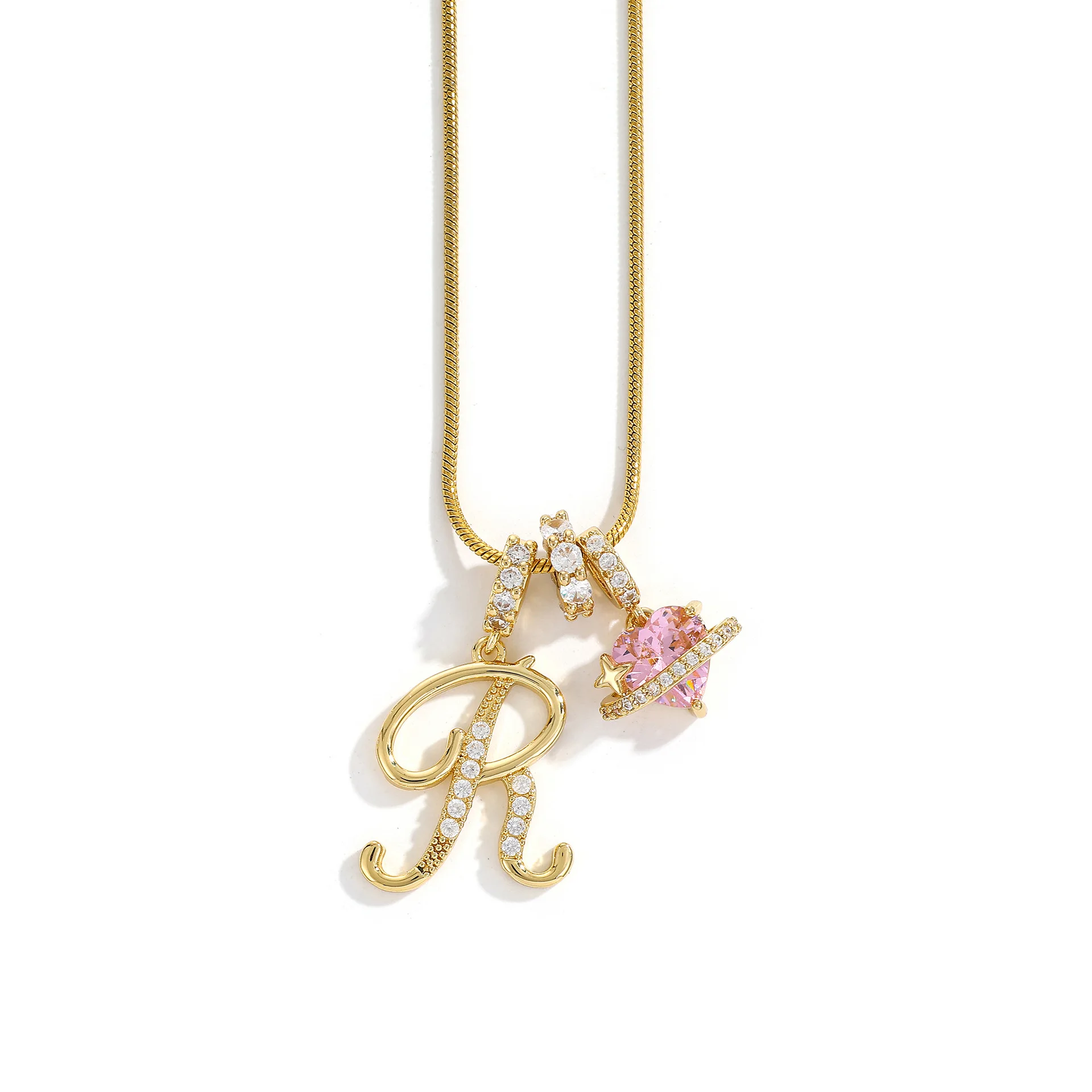 Women's A-Z Initial Letter Pendant Necklace Snake Chain Initial Alphabet CZ Pink Heart Necklace Adjustable Size Hypoallergenic