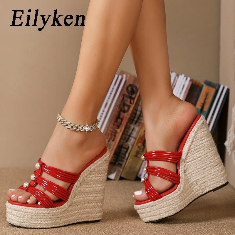 Eilyken Summer Fashion Pearl Platform Wedges Open Toe Slippers Women Narrow Band Grass Weave Slide Shoes