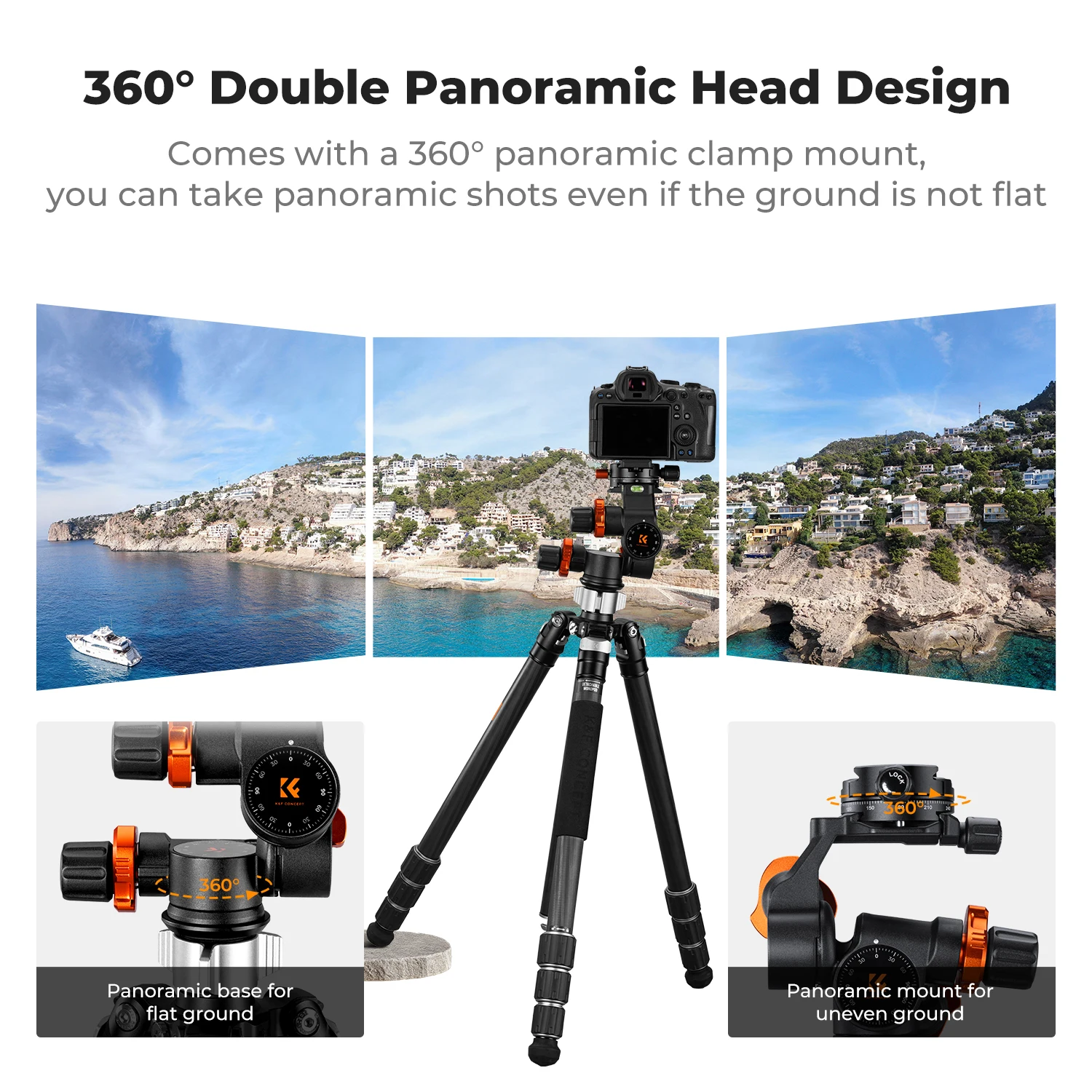 Cabeça de tripé com engrenagem K&F CONCEPT 360 ° Esfera panorâmica de 3 vias com placa de liberação rápida com suporte de carga de 6 kg para tiro macro estrela