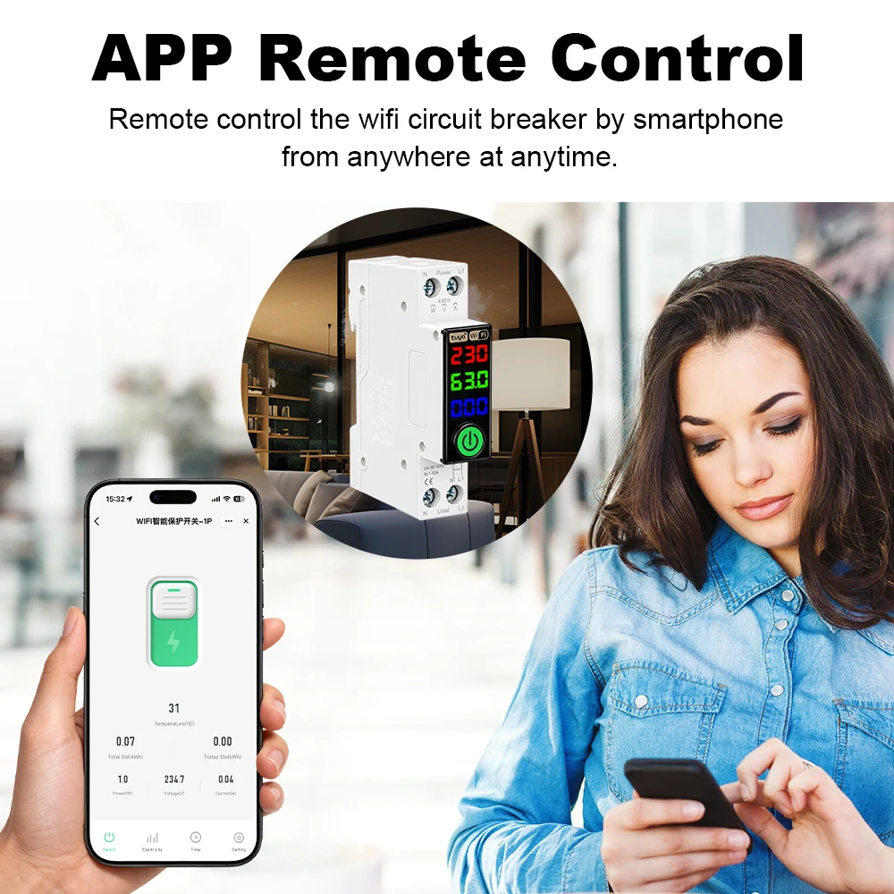 MANHOT 63A 1P WiFi Smart Circuit Breaker LED Display Real-time Monitor Remote Control Overload Protection Work with Smart Life