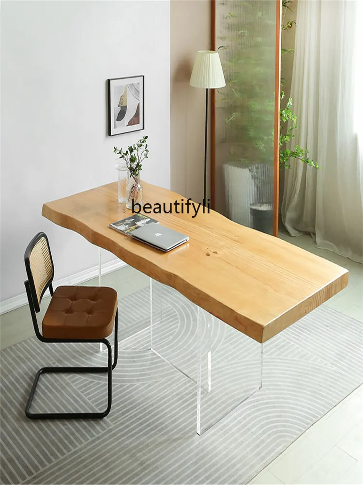 Nordic Acrylic Solid Wood Dining Table Transparent Leg Log Large Board Table Creative Designer Desk Desk