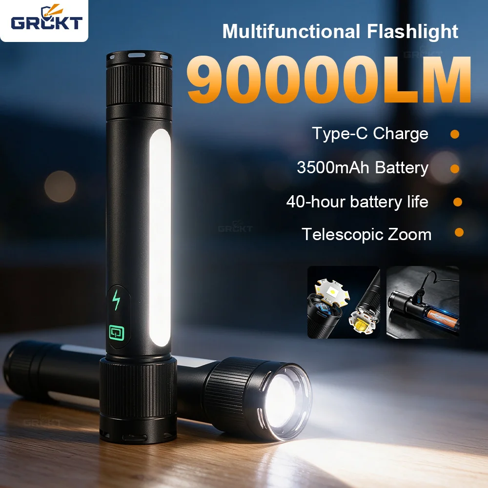 GRCKT 90000LM High-Power Triple-Light Bright Flashlight Rechargeable Tactical Torch 21700 Battery Zoomable Lantern For Emergency