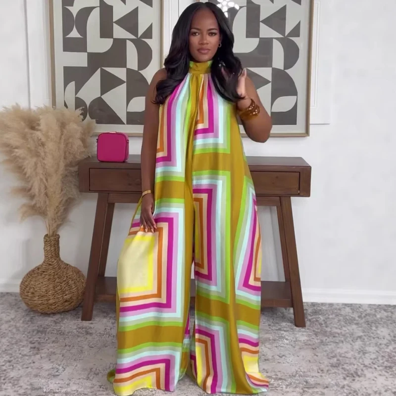 Neues Design Afrikanische Mode Damen Jumpsuit Sommer Geometrisch Bedruckter Neckholder Ärmellos Weites Bein Jumpsuits Outfits Streetwear