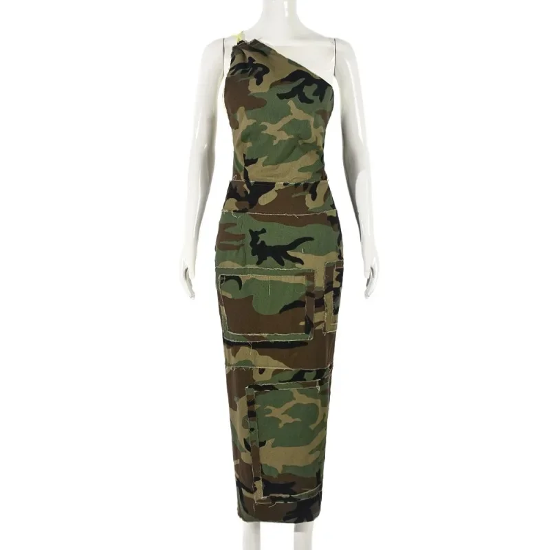 Women Camouflage Cargo Midi Dress Sexy One Shoulder Sleeveless Lace Up Backless Zip-up Stitching Casual Streetwear Vestidos