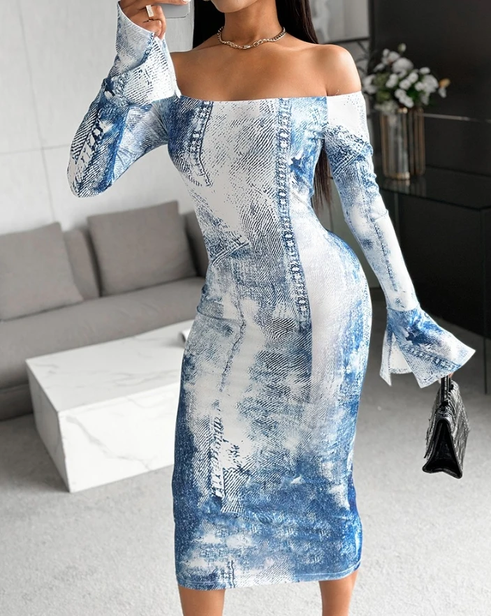 Sexy Dress for Women Spring Party Clubwear Fashion Elegant Denim Look Print Off the Shoulder Bell Long Sleeve Midi Bodycon Dress