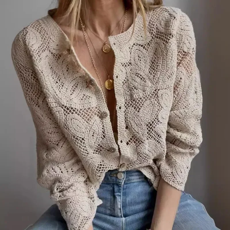Elegant Floral Hollow Out Shirt for Women, Sexy See Through, ound Neck, Single Breasted, Long Sleeves Coat, Office Lady Outfits