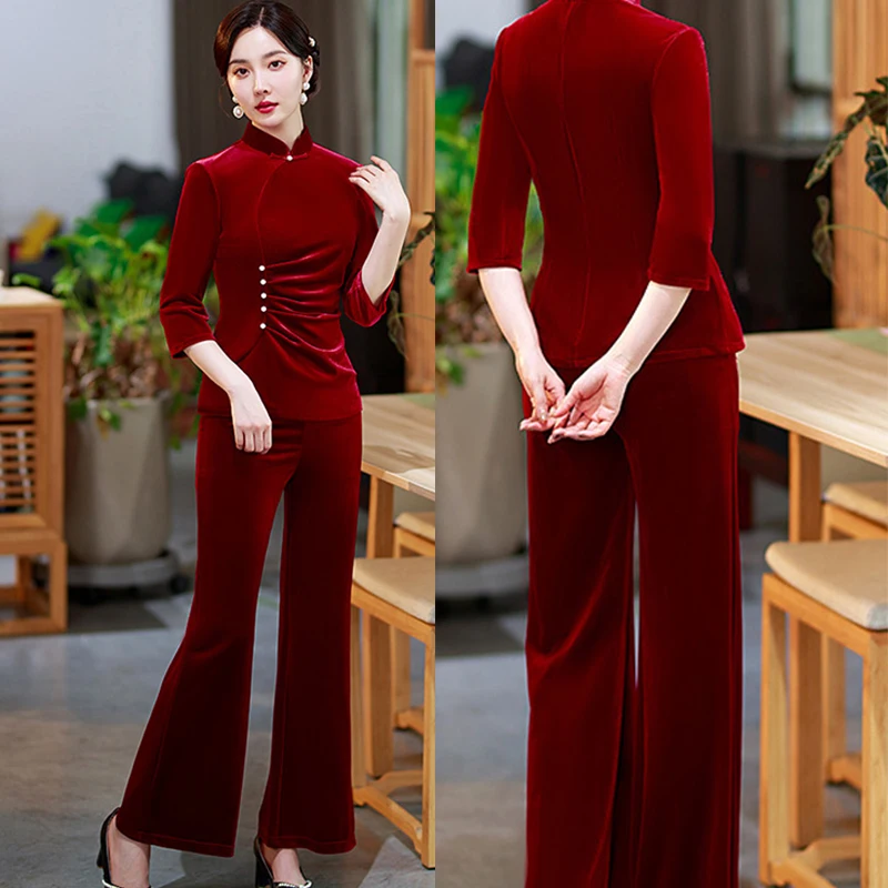 

Stand Collar Long Sleeve Qipao Solid Colro Gold Velvet Shirt Pant 2Pcs Women Classic Chinese Style Pleated Big Size Clothes