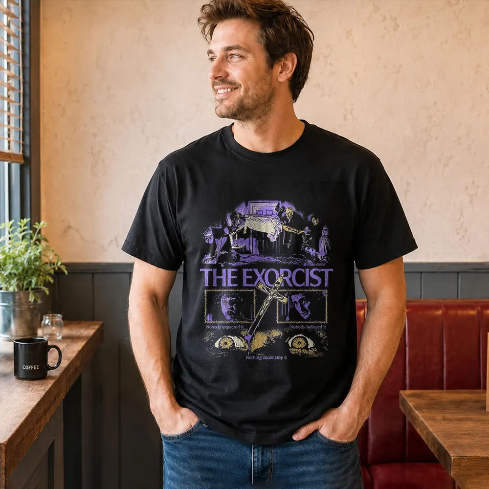The Exorcist Graphic T-Shirt 0622 Retro Horror Series Print Tee, Short Sleeve Casual Shirt US Size Tops S-6XL