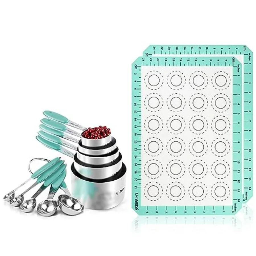 

UTaste 446F Heat Resistant Macaron Silicone Baking Mat and 18 8 Stainless Steel Measuring Cup and Spoon Set Aqua Sky