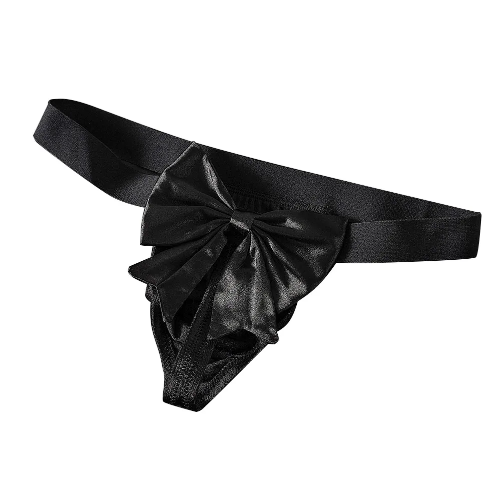 Men Bowknot G-String Thong Satin T-Back Panties Pouch Briefs Crossdresser Extreme Night Underwear Nightwear Ultra-mini Hot Pants