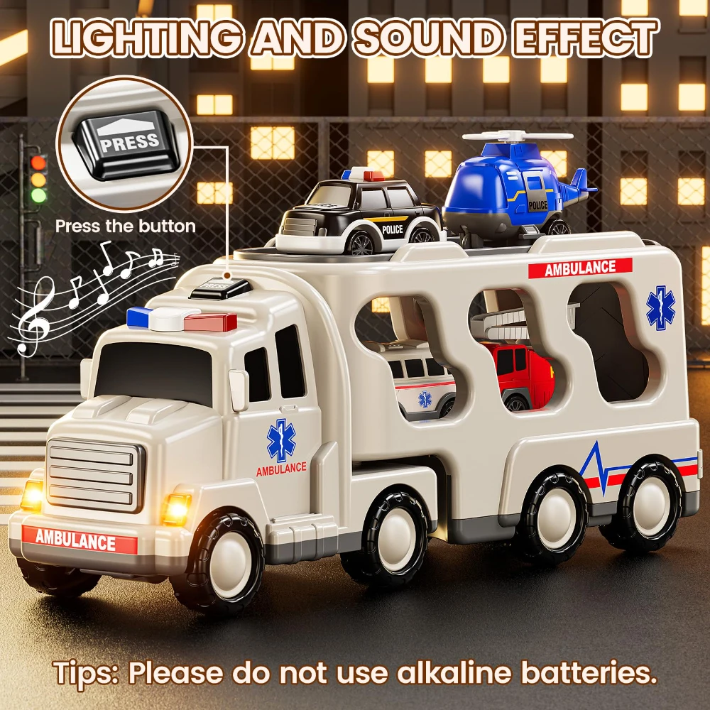 WizKidz 5-In-1 Play Ambulance Toy Vehicle Truck With Light & Sound for Kids 3-7 Years Old - Police Car Fire Truck Birthday Gift