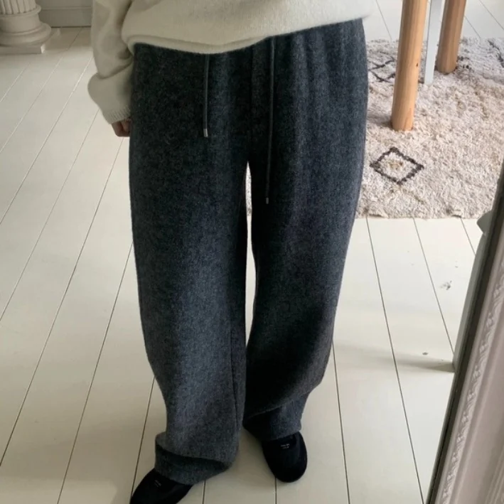 Luźne wełniane spodnie damskie z wysokim stanem i szerokimi nogawkami w stylu koreańskim, z elastyczną gumką w pasie i sznurkiem, długie spodnie wyszczuplające.