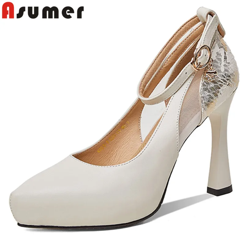 

ASUMER 2024 New Fashion Genuine Leather Shoes Woman Buckle Ladies Dress Spring Pumps Thick High Heels Platform Shoes