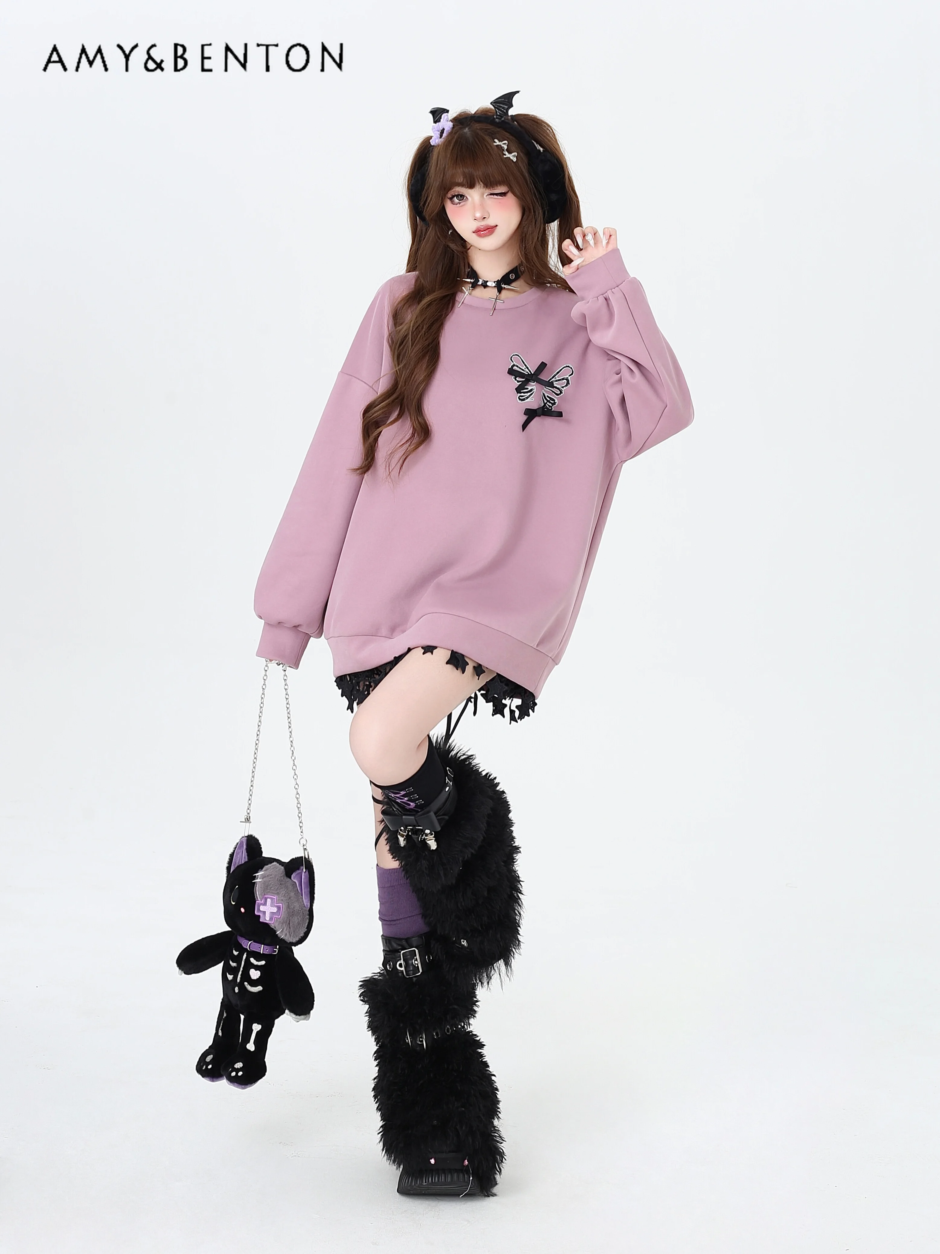 Preppy Style Sweet Cute Bow Cross Lace-up Printed Heavy Industry Crew Neck Hoodies Women Harajuku Versatile Oversized Sweatshirt