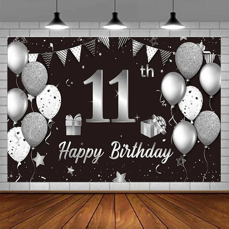

Фон для фотосъемки с 11-м днем рождения, баннер для вечеринки, черный, серебристый, знак, воздушные шары, постер, фон, украшение, баннер