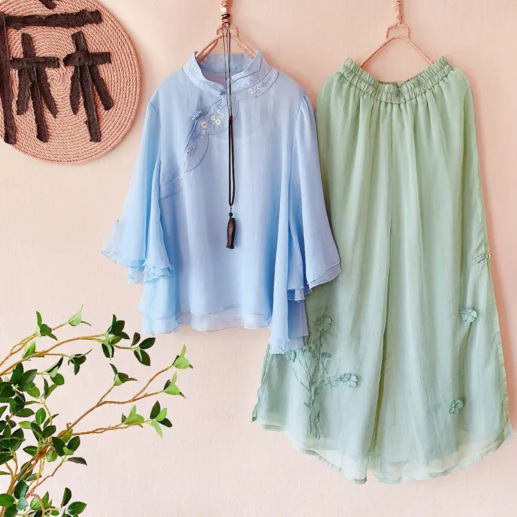 Improved Hanfu Women\'s Two-piece Cheongsam Clothing Summer Chinese Style Embroidered Disc Button Trousers Retro Two-piece Suit