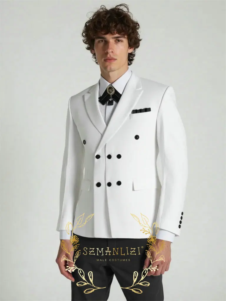 

Elegant White Double Breasted Men Suit 2 Pieces Jacket Black Pants Peaked Lapel Outfits Casual Party Prom Wedding Tuxedos Set