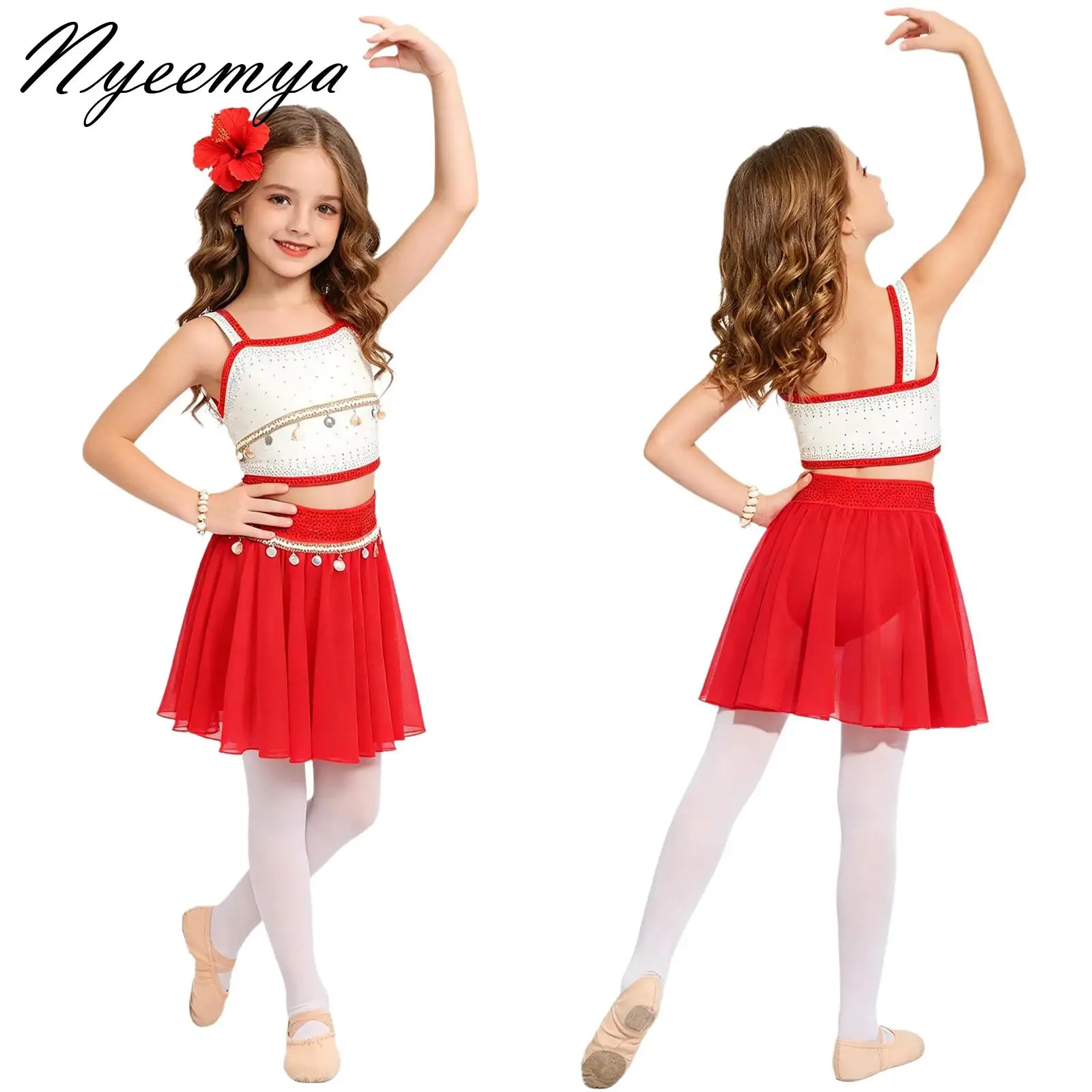 

Kids Girls Ballet Latin Dance Outfit Sequin Shell Tassel Rhinestone Crop Top with Chiffon Skirt for Samba Rumba Cha-Cha Dance
