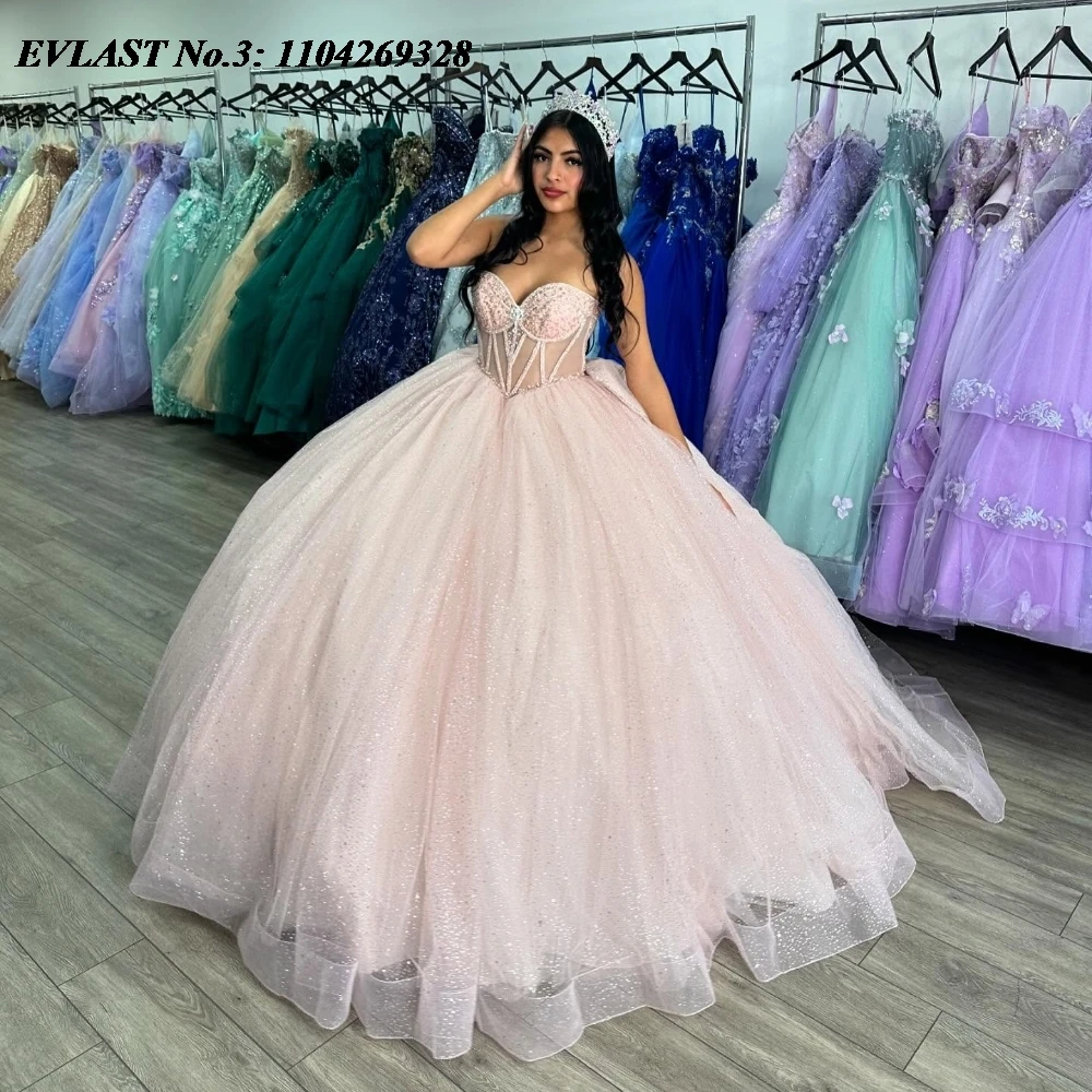 

EVLAST Customized Glitter Pink Blush Quinceanera Dress Ball Gown Applique Beading Bow Corset Sweet 16 Vestido De 15 Anos E3Q330