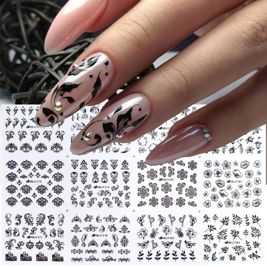 12PCS / Set Black Nail Stickers Flower Leaf Necklace 3D Sliders Decal Gel Polish Sticker DIY Design Manicure Tips